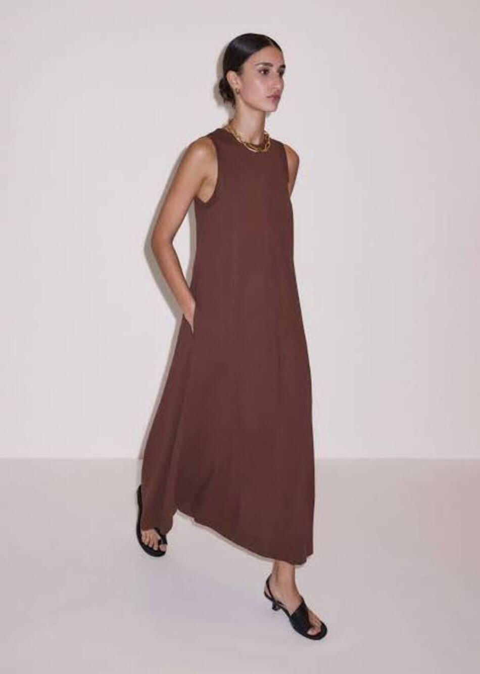 ME+EM Flare Maxi Slub Dress Organic Cotton Sleeveless Jersey Brown US 8 UK 12